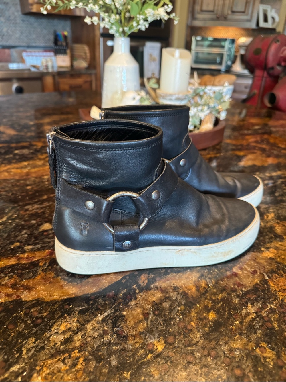 FRYE Black Leather Ankle Sneaker Boots with Ring Detail
